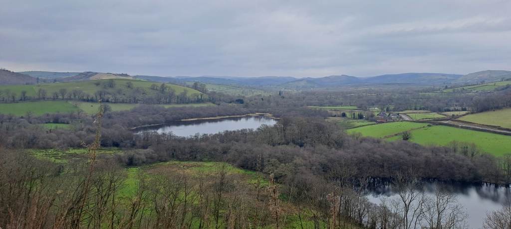 A view of fields, woodlnad and pools/ponds from a high vantage point, grey skies. 